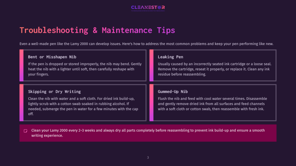 3 Troubleshooting And Maintenance Tips A Troubleshooting And Maintenance Tips Infographic For The Lamy 2000 Pen Displays Common Issues Such As Bent Or Misshapen Nibs, Leaking Pens, Skipping Or Dry Writing, And Gummed-Up Nibs, With Step-By-Step Solutions Provided.