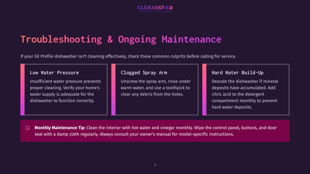 Troubleshooting And Ongoing Maintenance For Ge Profile Dishwashers: Low Water Pressure, Clogged Spray Arm, And Hard Water Build-Up Are Common Issues.