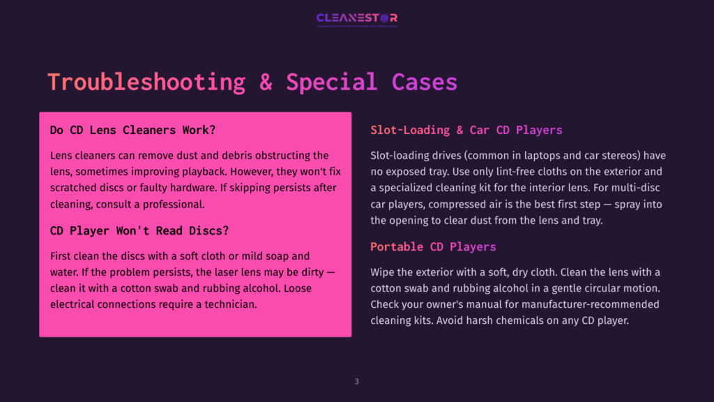 3 Troubleshooting And Special Cases Troubleshooting &Amp; Special Cases: Do Cd Lens Cleaners Work? Cd Player Won'T Read Discs? Slot-Loading &Amp; Car Cd Players, Portable Cd Players. Text Explains How To Clean Cd Players.