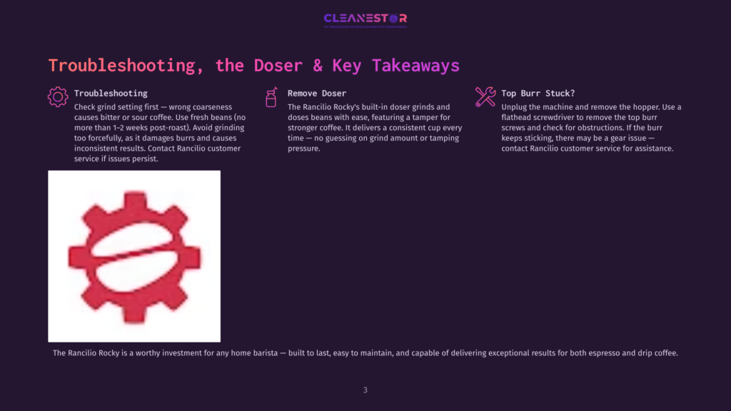 3 Troubleshooting The Doser And Key Takeaways Troubleshooting The Rancilio Rocky Doser: A Red Gear Icon Illustrates A Common Issue With The Coffee Grinder'S Doser, With Text Explaining How To Fix A Stuck Doser.