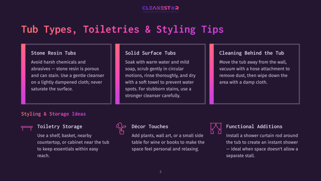 Infographic Detailing Tub Types, Toiletries, And Styling Tips. Sections Include Stone Resin Tubs, Solid Surface Tubs, Cleaning Behind The Tub, Toiletry Storage, Décor Touches, And Functional Additions.