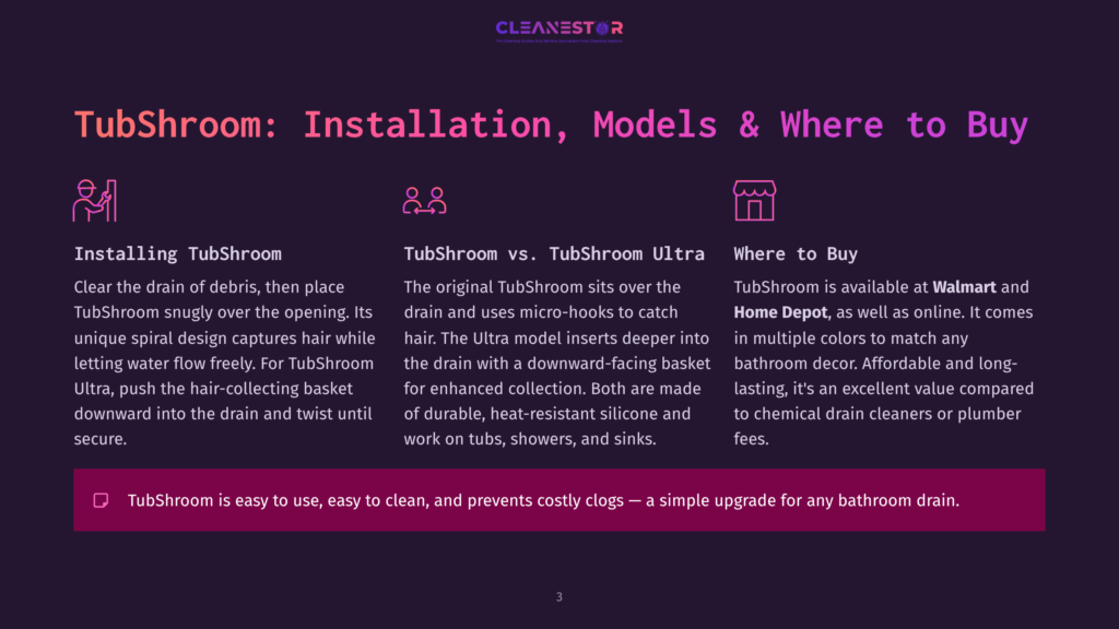 3 Tubshroom Installation Models And Where To Buy Tubshroom: Installation, Models &Amp; Where To Buy. Illustrates Installing Tubshroom, Comparing Tubshroom Vs. Tubshroom Ultra, And Where To Buy Tubshroom At Walmart And Home Depot. Features Icons For Installation, Comparison, And Shopping.