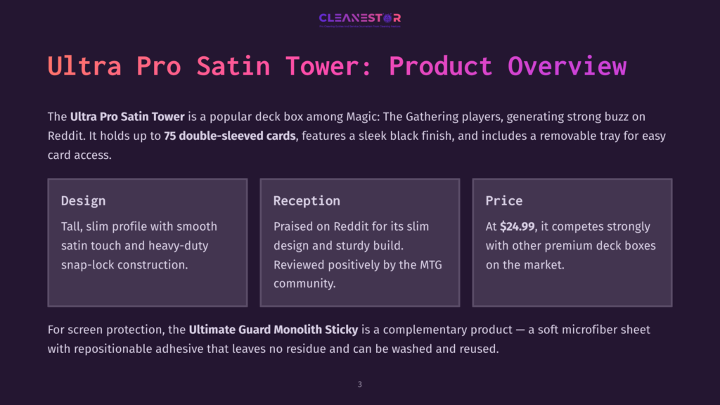 Ultra Pro Satin Tower Deck Box Product Overview: Features A Tall, Slim Profile With Smooth Satin Touch And Heavy-Duty Snap-Lock Construction, Holds Up To 75 Double-Sleeved Cards, And Is Priced At $24.99.