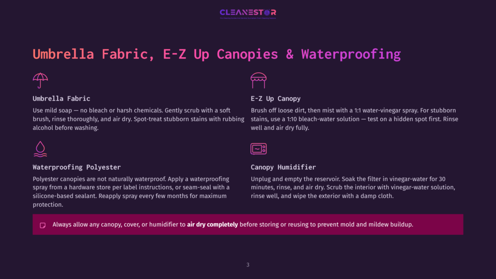 Diagram Detailing Care Instructions For Umbrella Fabric And E-Z Up Canopies, Including Cleaning, Waterproofing, And Humidity Control.