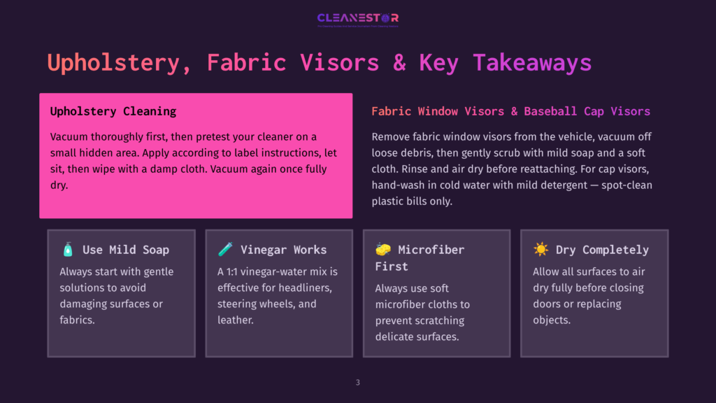 Upholstery, Fabric Visors &Amp; Key Takeaways: Cleaning Tips For Upholstery And Fabric Visors, Including Vacuuming, Spot Cleaning, And Using Mild Soap And Microfiber Cloths.