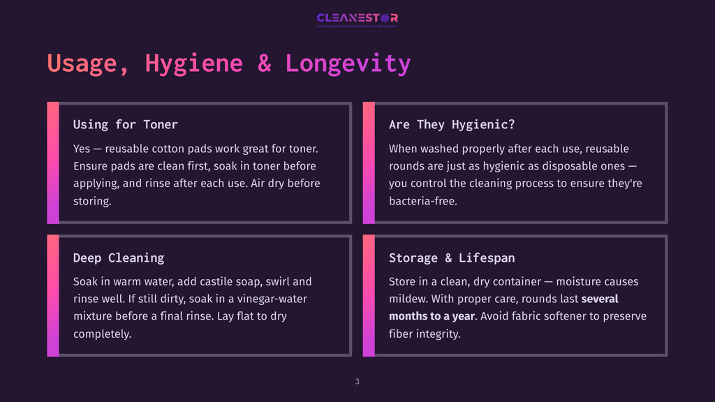 Infographic Detailing The Usage, Hygiene, And Longevity Of Reusable Toner Pads. Sections Cover Using Toner, Hygiene, Deep Cleaning, And Storage &Amp; Lifespan.