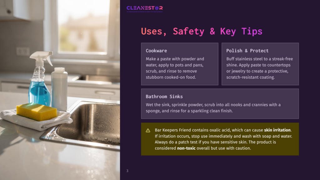 Cleanestor Logo At The Top Of A Page With Text About Cleaning Uses, Safety, And Tips For Cooktops And Bathroom Sinks. A Cleaning Spray Bottle And Sponge Are In The Foreground Of A Kitchen Sink.