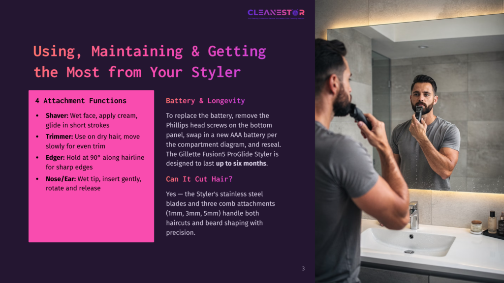 A Man With A Beard Trims His Face In A Bathroom Mirror, Holding A Silver And Black Electric Shaver. Text On The Left Details &Quot;Cleanestor&Quot; Shaver Attachment Functions And Maintenance Tips.
