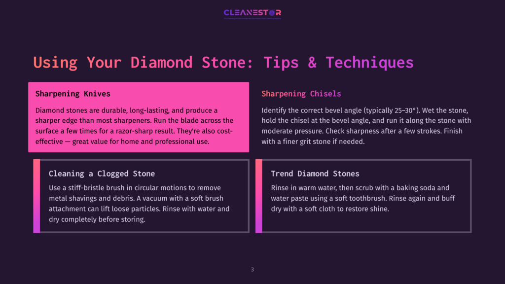 3 Using Your Diamond Stone Tips And Techniques Diamond Stone Sharpening Tips And Techniques: Sharpening Knives, Chisels, Cleaning A Clogged Stone, And Trending Diamond Stones. The Text Is Presented On A Dark Background With Purple And Pink Accents.