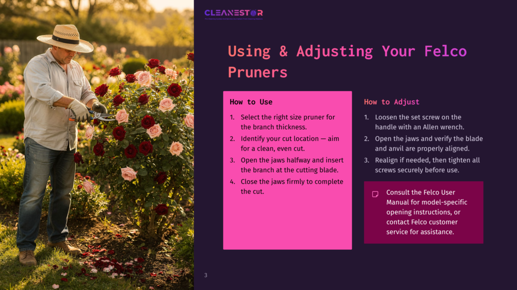Man In Straw Hat And Blue Jeans Prunes Vibrant Pink And Red Roses With Felco Pruners. Image Includes Text: &Quot;Cleanestor&Quot;, &Quot;How To Use&Quot;, &Quot;How To Adjust&Quot;.