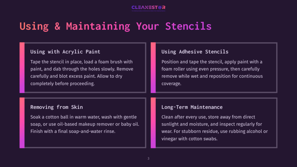 Cleanestor Stencil Guide: Using With Acrylic Paint, Adhesive Stencils, Removing From Skin, And Long-Term Maintenance Tips. The Graphic Has A Dark Purple Background With Colorful Gradient Boxes.