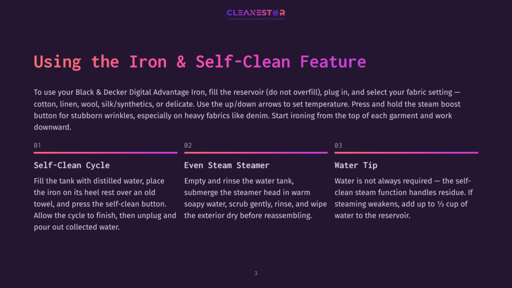 Black &Amp; Decker Digital Advantage Iron: How To Use The Self-Clean Feature. Instructions For Filling The Tank, Using Steam, And Water Tip.