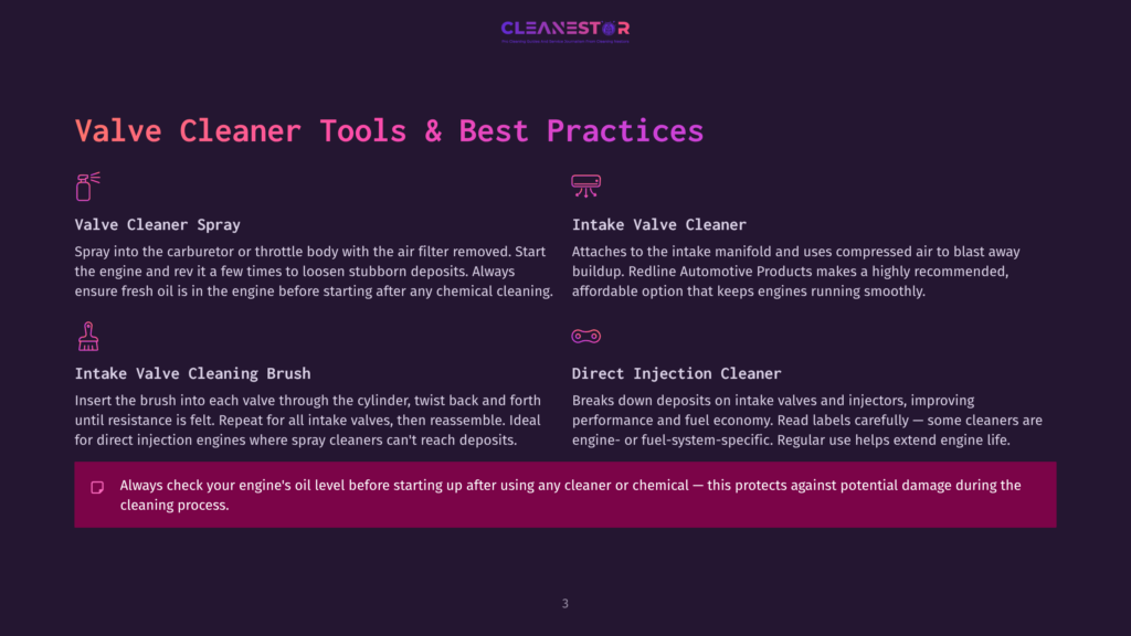 Cleanestor Logo And Text Detailing Valve Cleaner Tools And Best Practices, Including Valve Cleaner Spray, Intake Valve Cleaner, Intake Valve Cleaning Brush, And Direct Injection Cleaner.