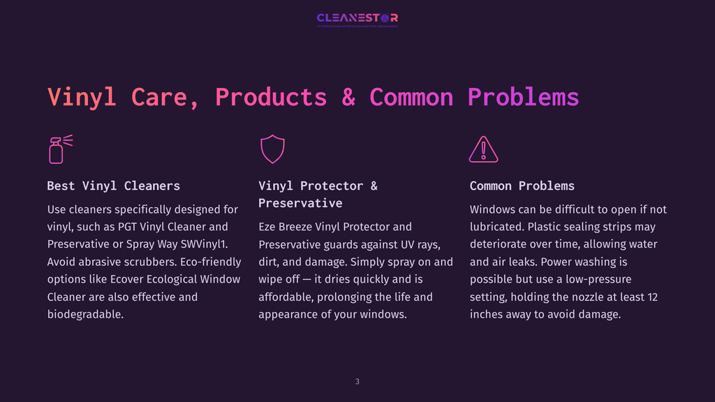 Three Sections On A Dark Purple Background: &Quot;Best Vinyl Cleaners&Quot; With A Spray Bottle Icon, &Quot;Vinyl Protector &Amp; Preservative&Quot; With A Shield Icon, And &Quot;Common Problems&Quot; With An Exclamation Point Icon. Text Details Vinyl Care, Products, And Common Issues.