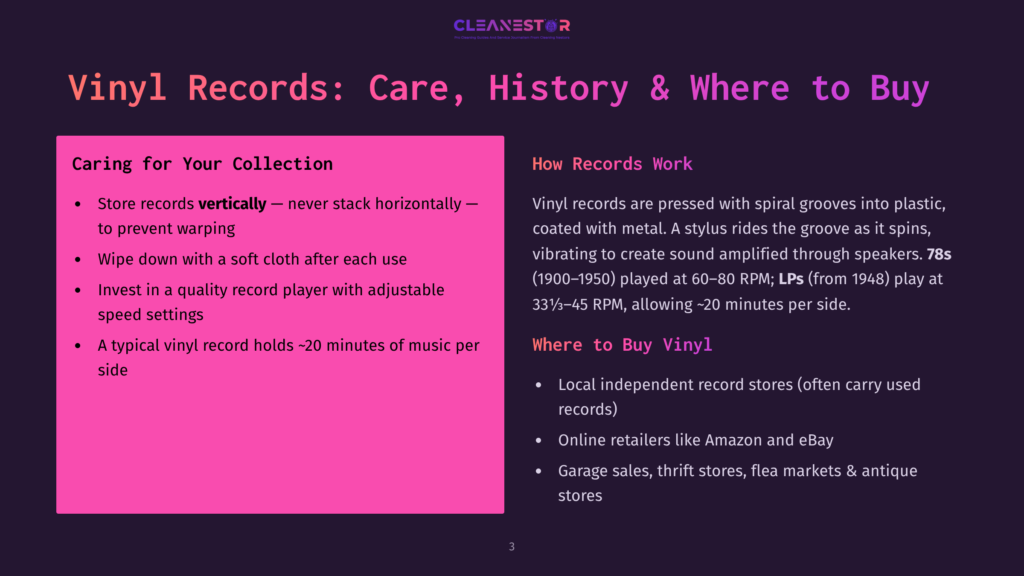 3 Vinyl Records Care History And Where To Buy Cleanestor Logo And Presentation Slide Titled &Quot;Vinyl Records: Care, History &Amp; Where To Buy&Quot;. The Slide Details How To Care For Vinyl Records, How They Work, And Where To Buy Them.