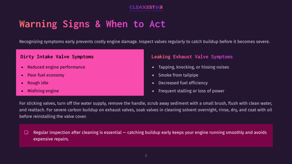 Infographic Detailing &Quot;Warning Signs &Amp; When To Act&Quot; For Engine Valve Issues, Highlighting Dirty Intake Valve Symptoms Like Reduced Performance And Rough Idle, And Leaking Exhaust Valve Symptoms Such As Tapping And Smoke From The Tailpipe.