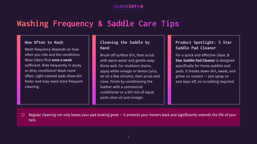Infographic Titled &Quot;Washing Frequency &Amp; Saddle Care Tips&Quot; With Three Sections: &Quot;How Often To Wash&Quot;, &Quot;Cleaning The Saddle By Hand&Quot;, And &Quot;Product Spotlight: 5 Star Saddle Pad Cleaner&Quot;.
