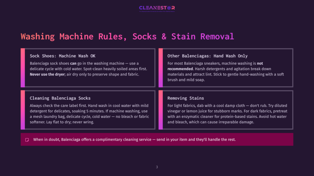 Washing Machine Rules, Socks &Amp; Stain Removal Guide From Cleanestor, Detailing Care For Balenciaga Socks And Sneakers, Including Hand-Washing And Stain Removal Tips.