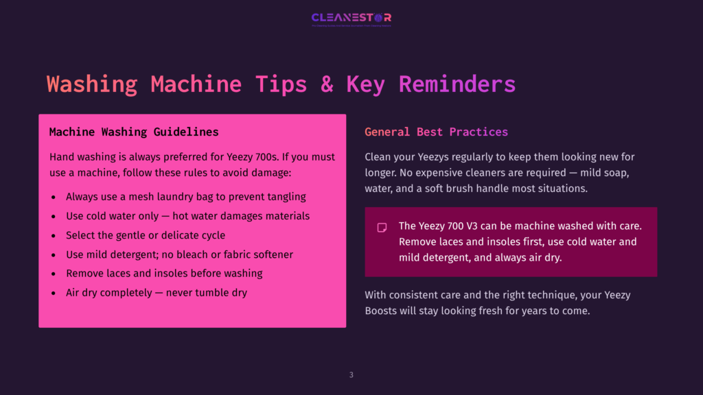 3 Washing Machine Tips And Key Reminders Dark Purple Background With A Pink Rectangle On The Left Listing Yeezy 700 Washing Machine Tips, And A Dark Purple Rectangle On The Right With General Best Practices For Cleaning Yeezys.