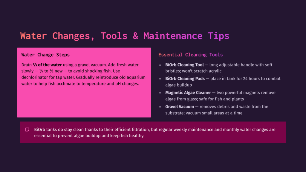 A Dark Purple Background With A Bright Pink Rectangle On The Left Detailing &Quot;Water Change Steps&Quot; And A Dark Purple Rectangle On The Right Listing &Quot;Essential Cleaning Tools&Quot; For Aquariums, Including Biorb Cleaning Tool, Biorb Cleaning Pads, And Magnetic Algae Cleaner.