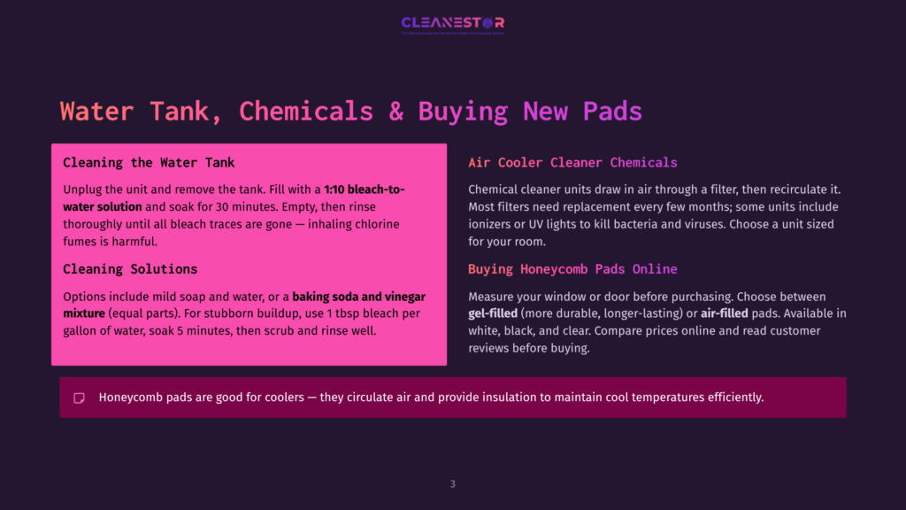 3 Water Tank Chemicals And Buying New Pads Cleanestor Logo At The Top Of A Dark Purple Page Explaining How To Clean A Water Tank, Chemicals, And Buy Honeycomb Pads Online. Includes Text On Cleaning Solutions, Air Cooler Cleaner Chemicals, And Honeycomb Pad Benefits.