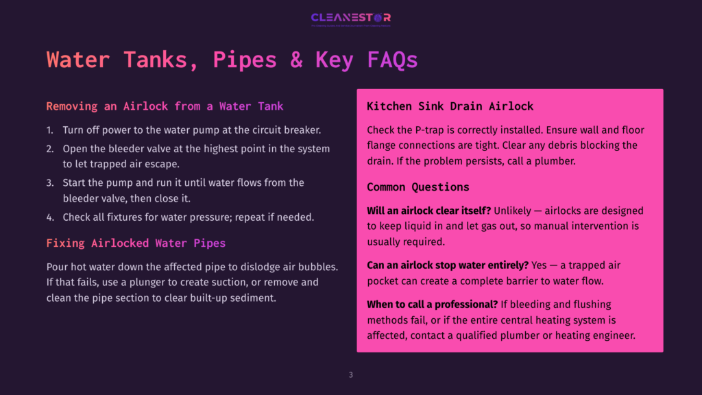 A Graphic Titled &Quot;Water Tanks, Pipes &Amp; Key Faqs&Quot; From Cleanestor, Offering Advice On Removing Airlocks From Water Tanks And Kitchen Sink Drains, With Troubleshooting Steps And Professional Contact Information.
