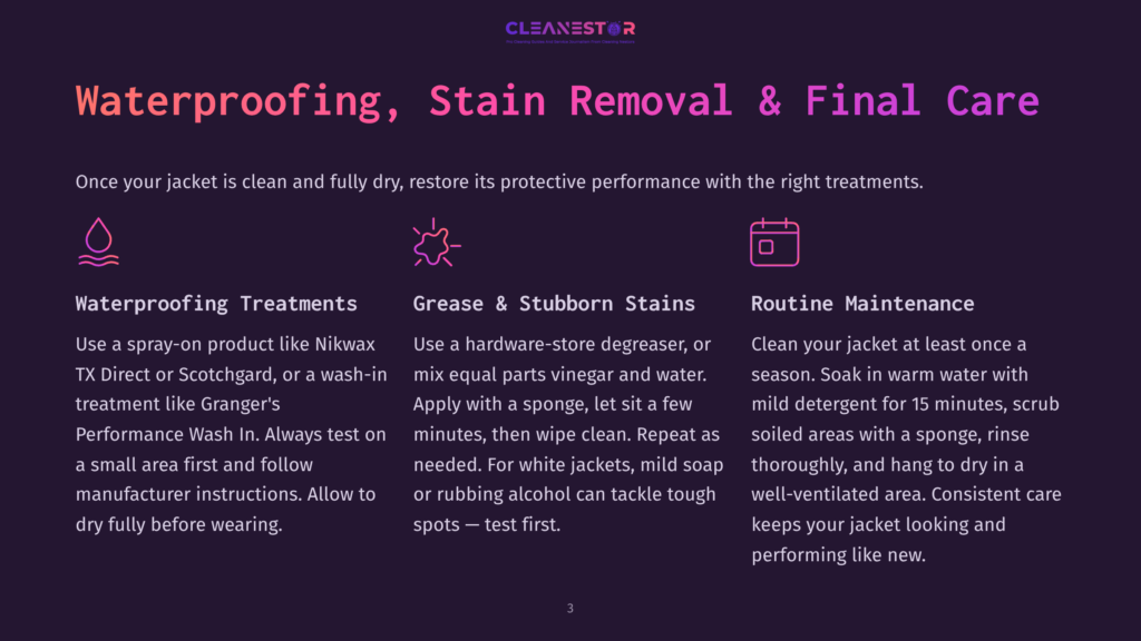 Purple Graphic With Text: &Quot;Waterproofing, Stain Removal &Amp; Final Care&Quot;. Icons Represent Waterproofing Treatments, Grease &Amp; Stubborn Stains, And Routine Maintenance For Jackets.