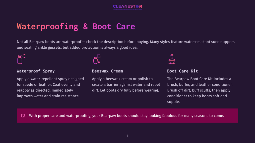Waterproofing &Amp; Boot Care: Three Icons Illustrate Waterproofing Spray, Beeswax Cream, And Boot Care Kit, With Text Explaining How To Protect Bearpaw Boots.