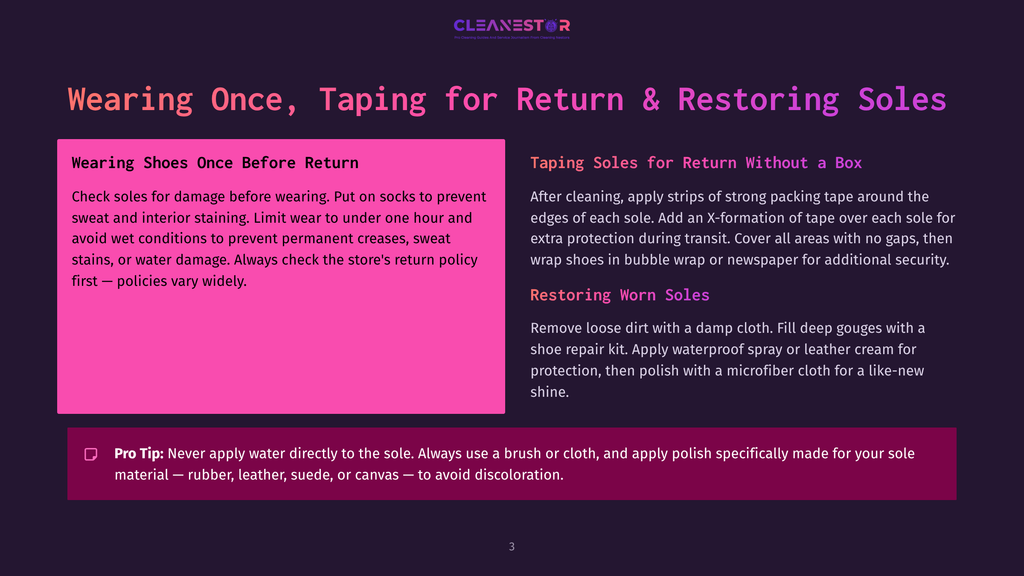 Cleanestor Graphic With Text Detailing How To Wear, Tape, Return, And Restore Shoe Soles. Includes Instructions For Protecting Shoes During Return And Cleaning Worn Soles.