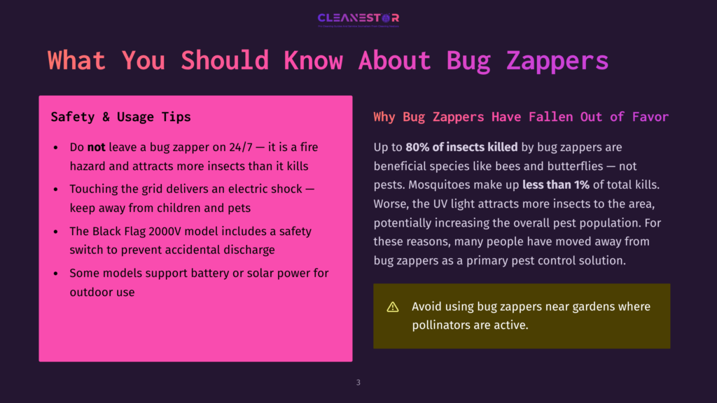3 What You Should Know About Bug Zappers A Dark Slide With A Pink Box On The Left Listing Safety Tips For Bug Zappers, And A Dark Box On The Right With Text About The Dangers Of Bug Zappers, Including The Warning &Quot;Avoid Using Bug Zappers Near Gardens Which Pollinators Are Active.