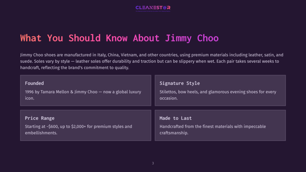 A Dark Purple Background With The Text &Quot;Cleanestor&Quot; At The Top And &Quot;What You Should Know About Jimmy Choo&Quot; In Large White Font. Below Are Four Purple Boxes With White Text Detailing Information About Jimmy Choo Shoes, Including &Quot;Founded,&Quot; &Quot;Signature Style,&Quot; &Quot;Price Range,&Quot; And &Quot;Made To Last.