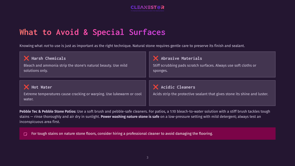 Infographic Detailing What To Avoid When Cleaning Natural Stone Surfaces, With Sections On Harsh Chemicals, Hot Water, Abrasive Materials, And Acidic Cleaners.