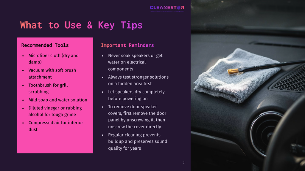 3 What To Use And Key Tips Close-Up Of A Microfiber Cloth And A Small Brush Resting On A Car'S Dashboard, With Text Overlay &Quot;Cleanestar&Quot; And Cleaning Tips.