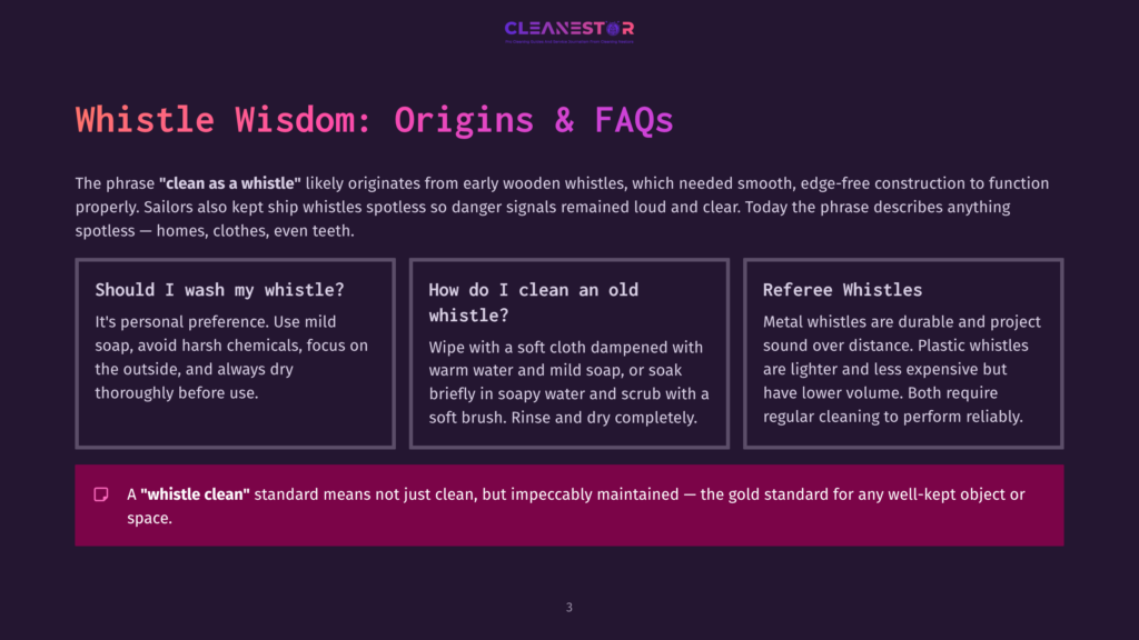 A Dark Purple Slide Titled &Quot;Whistle Wisdom: Origins &Amp; Faqs&Quot; With The Cleanestor Logo At The Top. The Slide Discusses Whistle Cleaning And Maintenance.