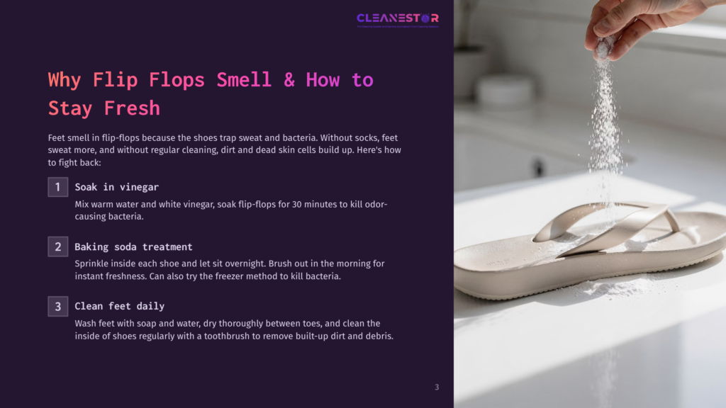 3 Why Flip Flops Smell And How To Stay Fresh A Hand Sprinkles White Powder, Possibly Baking Soda, Onto A Beige Flip-Flop Resting On A White Sink Counter. The Image Illustrates How To Clean Flip-Flops And Keep Them Fresh.