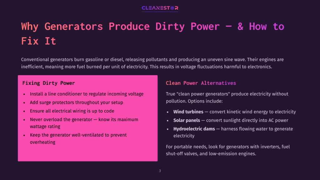 Presentation Slide Titled &Quot;Why Generators Produce Dirty Power &Amp; How To Fix It,&Quot; With Sections On &Quot;Fixing Dirty Power&Quot; And &Quot;Clean Power Alternatives&Quot; Like Wind Turbines And Solar Panels.