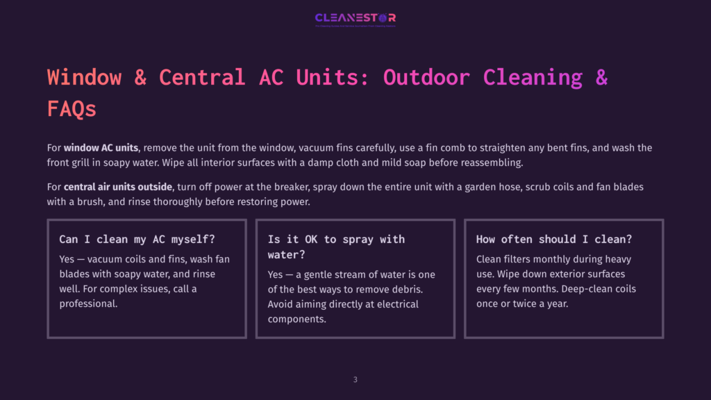 3 Window And Central Ac Units Outdoor Cleaning And Faqs Window &Amp; Central Ac Units: Outdoor Cleaning &Amp; Faqs. This Slide Offers Guidance On Cleaning Central Air Units, Including Steps For Interior And Exterior Cleaning, And Addresses Common Questions About Cleaning Ac Units.