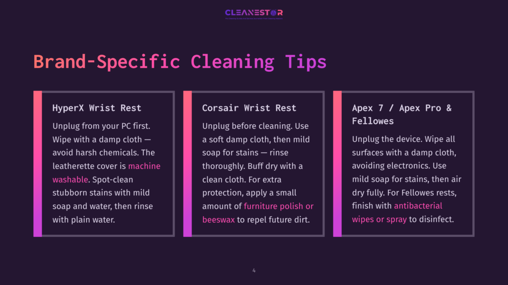 Infographic Detailing Cleaning Tips For Gaming Accessories, Including Hyperx Wrist Rest, Corsair Wrist Rest, And Apex 7 / Apex Pro &Amp; Fellowes Keyboards, With Specific Instructions For Each.