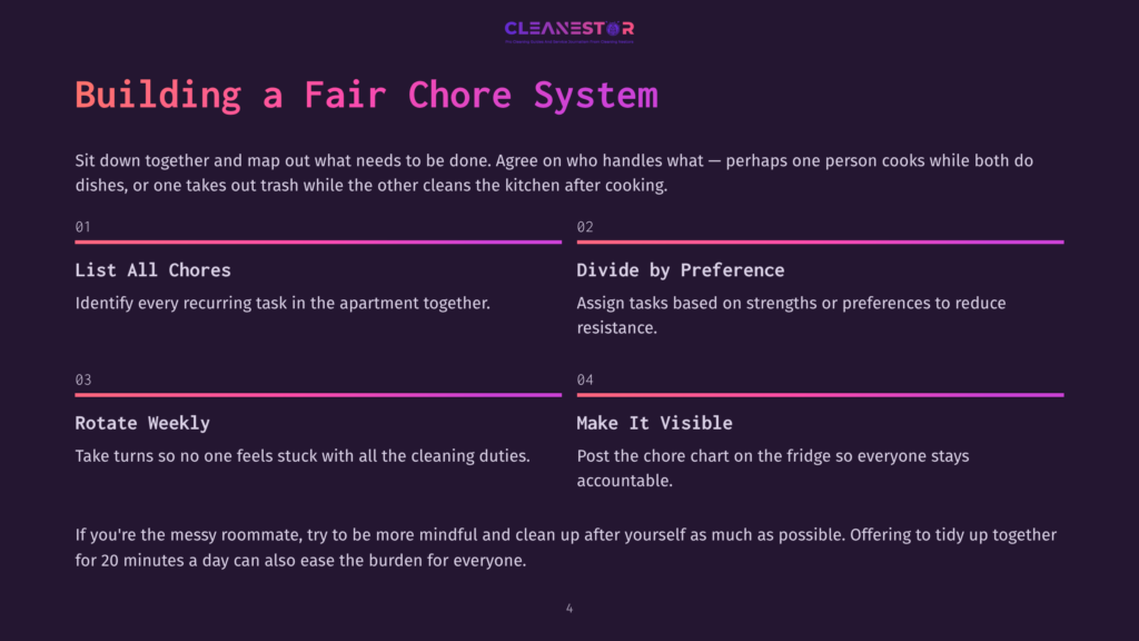A Presentation Slide Titled &Quot;Building A Fair Chore System&Quot; Outlines Four Steps: List All Chores, Divide By Preference, Rotate Weekly, And Make It Visible, With Brief Descriptions For Each Step.