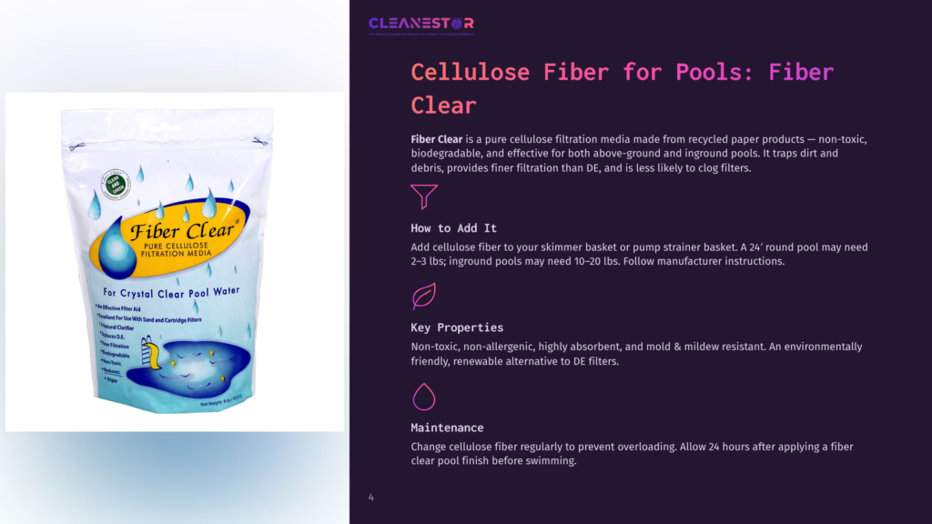 Bag Of Fiber Clear Cellulose Filter Media For Pools, Showing A Blue And Yellow Droplet Logo And Text &Quot;Fiber Clear Pure Cellulose Filtration Media For Crystal Clear Pool Water&Quot;.