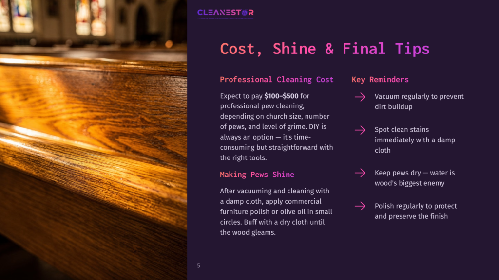 5 Cost Shine And Final Tips Close-Up Of Polished Wooden Church Pews With Warm, Golden Light. Text Overlay Reads &Quot;Cleanestor&Quot; And &Quot;Cost, Shine &Amp; Final Tips&Quot;.