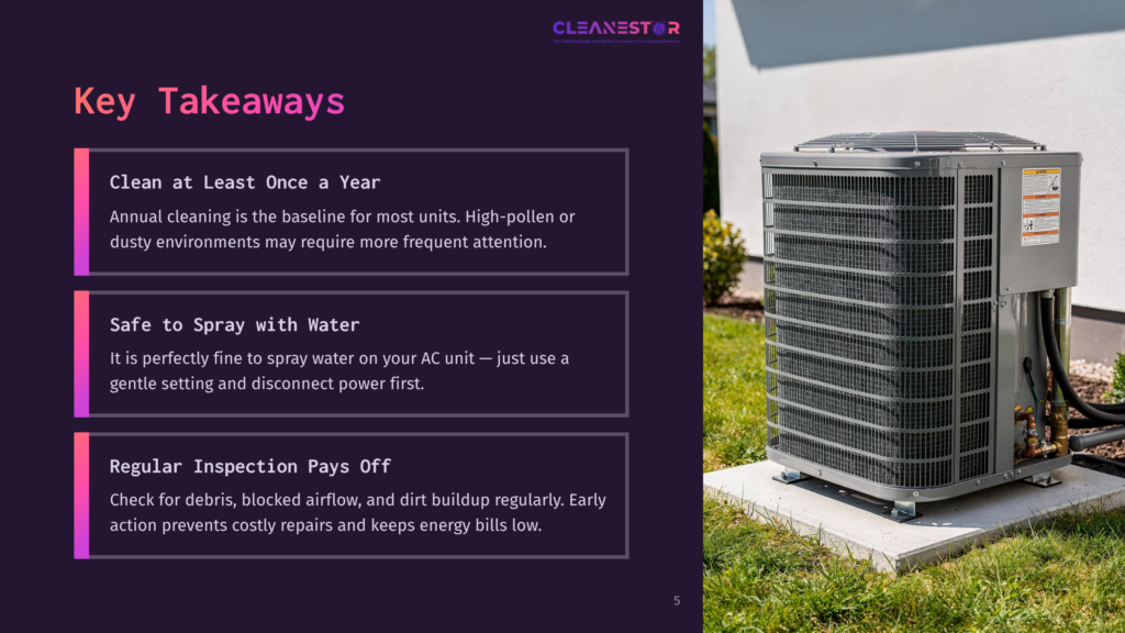 An Outdoor Air Conditioning Unit Sits On A Concrete Pad, With A Dark Blue And Purple Graphic Overlay On The Left Detailing &Quot;Key Takeaways&Quot; About Ac Cleaning And Maintenance.