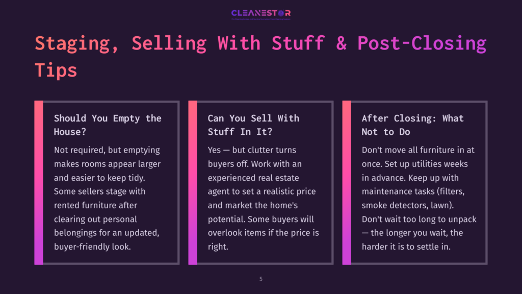 Staging, Selling With Stuff &Amp; Post-Closing Tips: Three Columns Of Text On A Dark Purple Background. The Left Column Asks 'Should You Empty The House?', The Middle 'Can You Sell With Stuff In It?', And The Right 'After Closing: What Not To Do'.