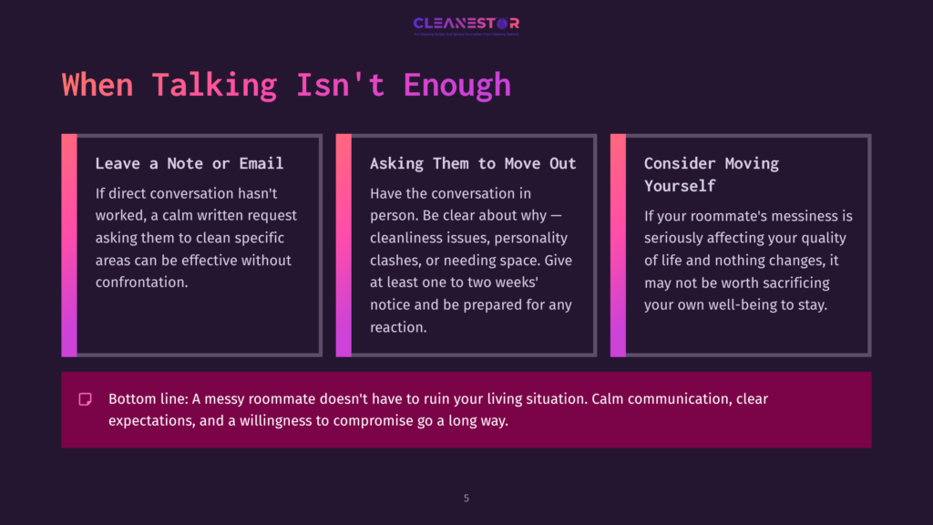 Infographic Titled &Quot;When Talking Isn'T Enough&Quot; With Three Columns: &Quot;Leave A Note Or Email&Quot;, &Quot;Asking Them To Move Out&Quot;, And &Quot;Consider Moving Yourself&Quot;. The Bottom Section States: &Quot;Bottom Line: A Messy Roommate Doesn'T Have To Ruin Your Living Situation. Calm Communication, Clear Expectations, And A Willingness To Compromise Go A Long Way.