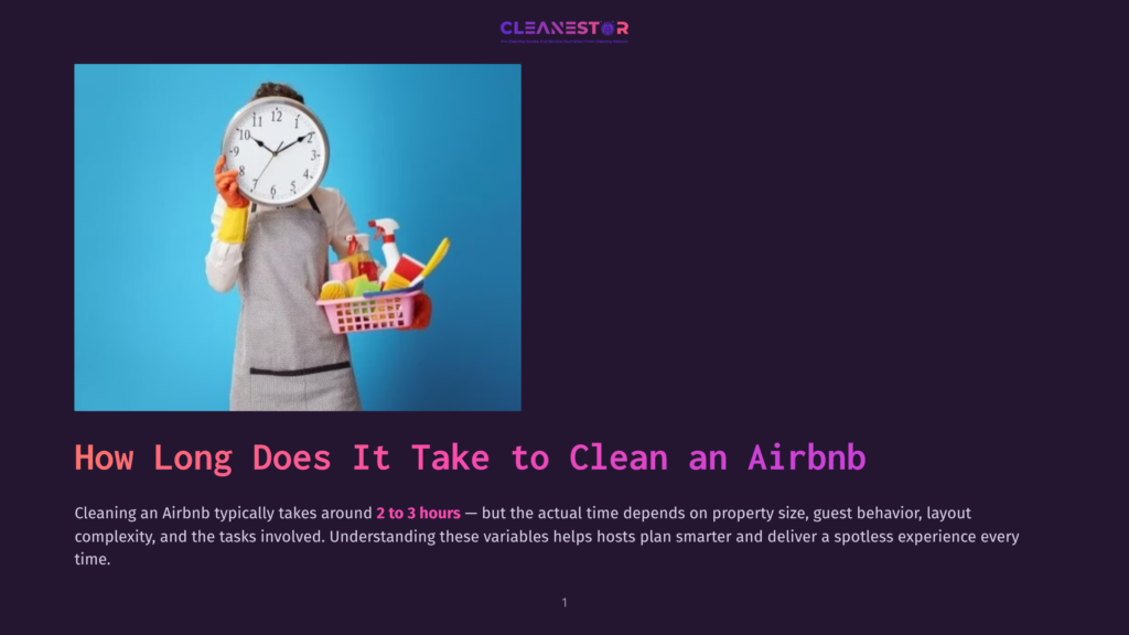 A Person In An Apron And Yellow Gloves Holds Cleaning Supplies And A Basket, Standing In Front Of A Clock Showing 11:12. The Image Is Set Against A Bright Blue Background.
