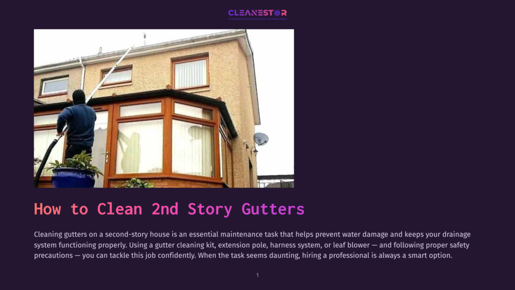 A Man Uses A Long Pole To Clean The Gutters Of A Two-Story House, Demonstrating How To Clean 2Nd Story Gutters Safely And Effectively.