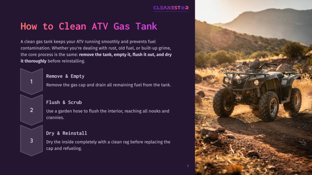 An Atv Is Parked On A Dirt Path In A Sunny, Mountainous Landscape, With Text Overlay: &Quot;Cleanestor How To Clean Atv Gas Tank&Quot;.