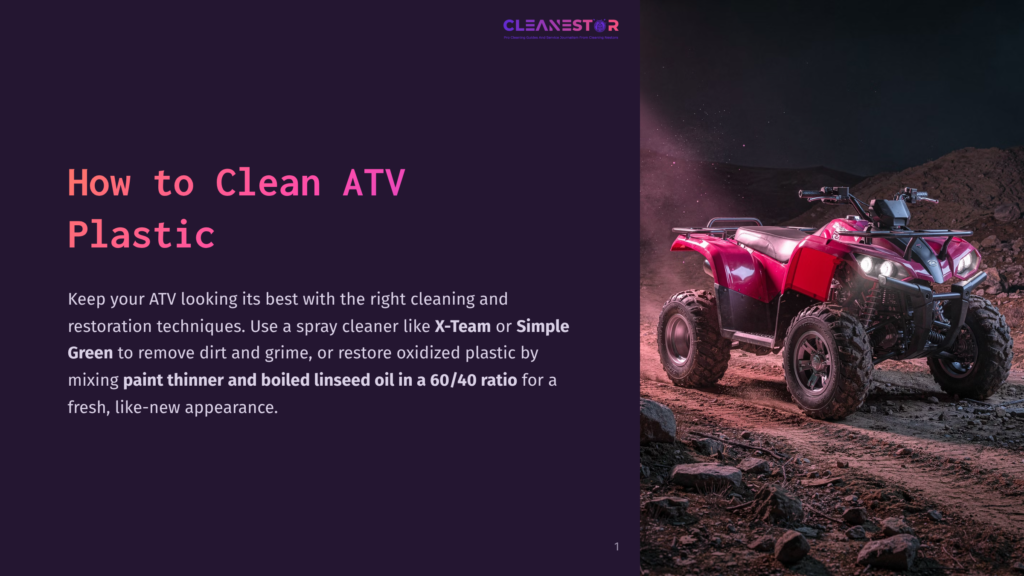 A Red Atv Motorcycle Sits On A Rocky Terrain, Under A Night Sky, With The Title &Quot;How To Clean Atv Plastic&Quot; Displayed Prominently At The Top.