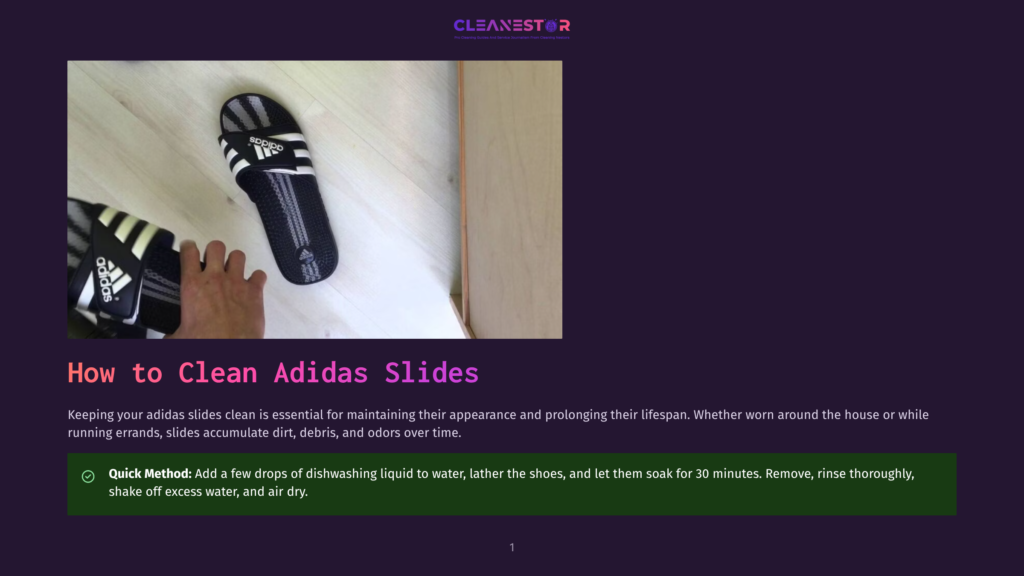 A Person'S Hands Are Holding A Black Adidas Slide Sandal With White Stripes And Logo, Ready To Be Cleaned In A Sink.