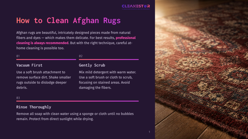 Close-Up Of A Vintage Persian Rug With Intricate Floral Patterns In Deep Reds, Blues, And Creams, Lying On A Wooden Floor. Text Overlay Reads &Quot;Cleanestor&Quot; And &Quot;How To Clean Afghan Rugs&Quot;.